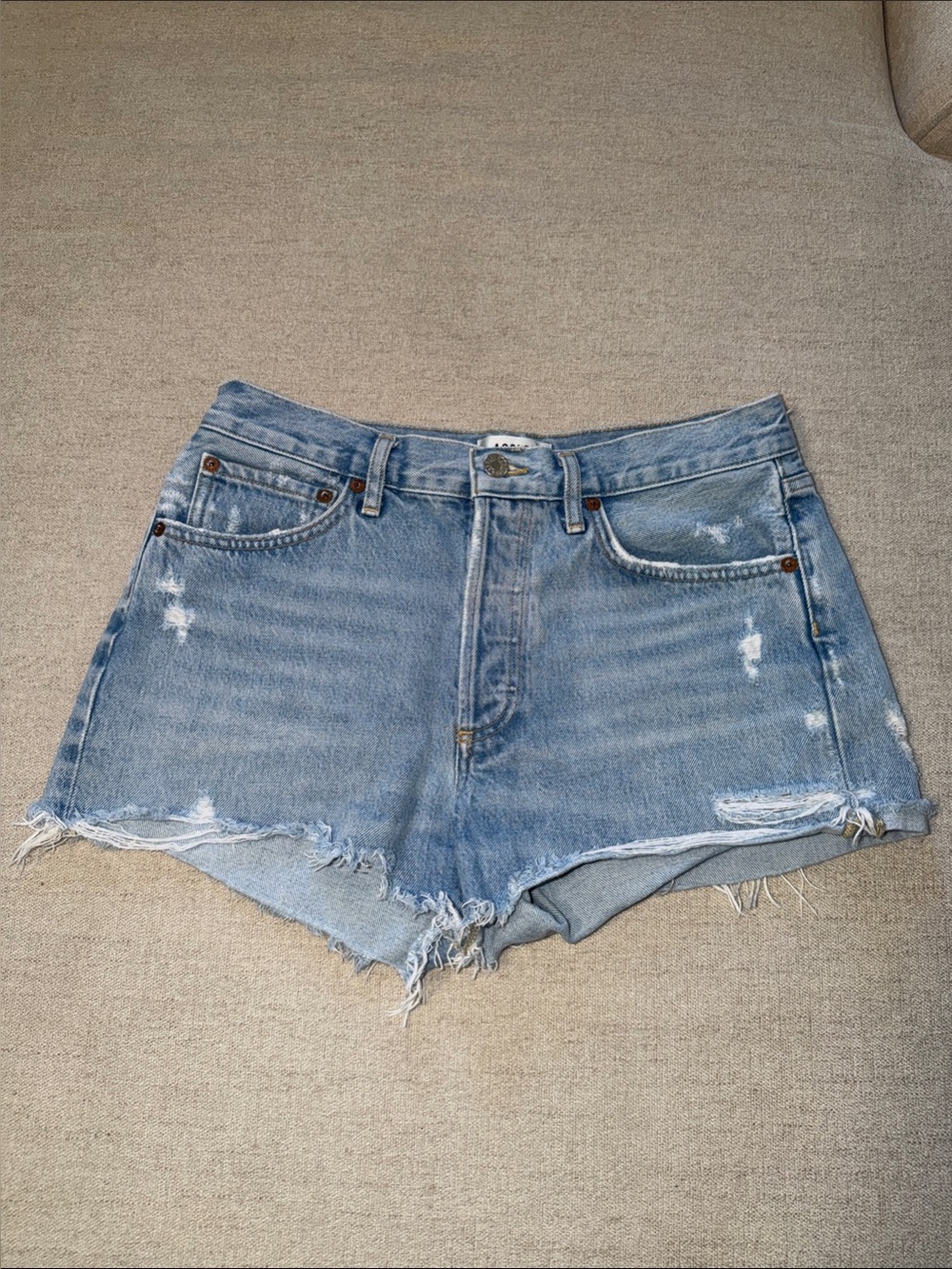 Agolde Light Blue Distressed High-Rise Denim Shorts